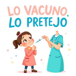 A colorful and heartwarming poster in the style of Disney Pixar, depicting a caring nurse administering a vaccine with a syringe to a small girl, who looks a little nervous but reassured