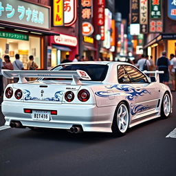 A striking white Nissan Skyline R34 four-door model, beautifully adorned with intricate blue tribal details that enhance its sporty appeal