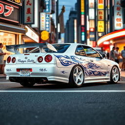 A striking white Nissan Skyline R34 four-door model, beautifully adorned with intricate blue tribal details that enhance its sporty appeal