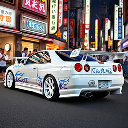 A striking white Nissan Skyline R34 four-door model, beautifully adorned with intricate blue tribal details that enhance its sporty appeal