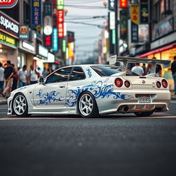 A striking white Nissan Skyline R34 four-door model, beautifully adorned with intricate blue tribal details that enhance its sporty appeal