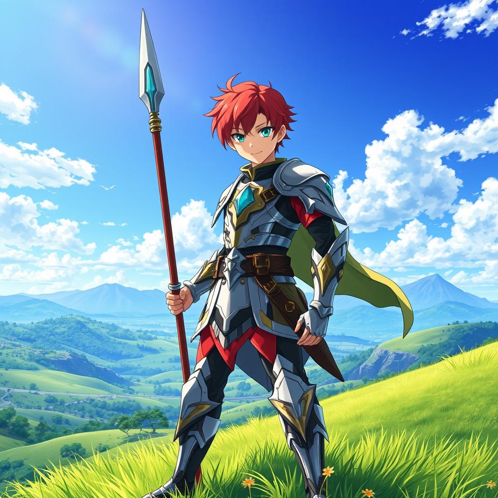 A stunning and adventurous fantasy anime cover titled 'Hiroshi', depicting a 16-year-old young paladin with brilliant red hair and vivid green eyes