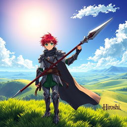 A stunning and adventurous fantasy anime cover titled 'Hiroshi', depicting a 16-year-old young paladin with brilliant red hair and vivid green eyes