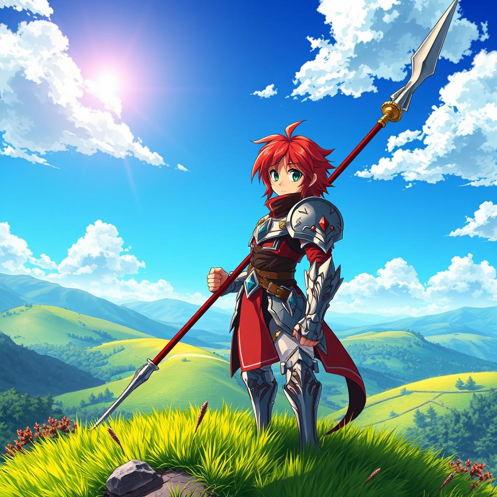 A stunning and adventurous fantasy anime cover titled 'Hiroshi', depicting a 16-year-old young paladin with brilliant red hair and vivid green eyes