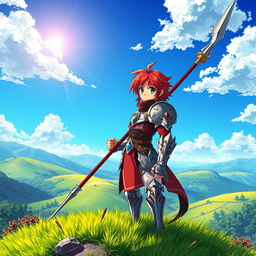 A stunning and adventurous fantasy anime cover titled 'Hiroshi', depicting a 16-year-old young paladin with brilliant red hair and vivid green eyes