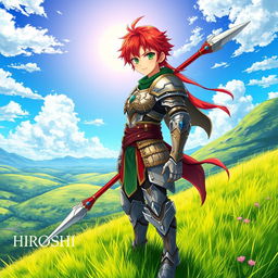 A stunning and adventurous fantasy anime cover titled 'Hiroshi', depicting a 16-year-old young paladin with brilliant red hair and vivid green eyes