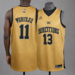 A front and back view of a gold and black basketball jersey. The primary gold fabric shines with contrasting black details, showcasing the team logo on the front and the player's number on the back.