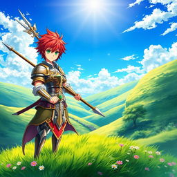 An enchanting fantasy anime cover titled 'Hiroshi', depicting a 16-year-old young paladin with striking red hair and vibrant green eyes