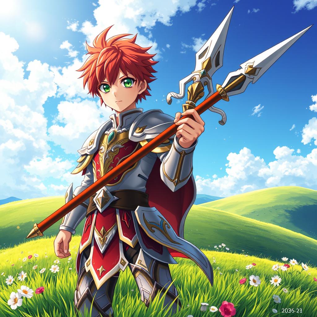 An enchanting fantasy anime cover titled 'Hiroshi', depicting a 16-year-old young paladin with striking red hair and vibrant green eyes