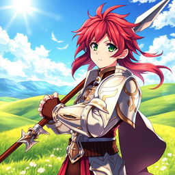 An enchanting fantasy anime cover titled 'Hiroshi', depicting a 16-year-old young paladin with striking red hair and vibrant green eyes