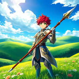 An enchanting fantasy anime cover titled 'Hiroshi', depicting a 16-year-old young paladin with striking red hair and vibrant green eyes