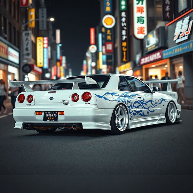 A powerful white Nissan Skyline R34 GTT four-door model, vividly featuring intricate blue tribal details that highlight its aggressive styling