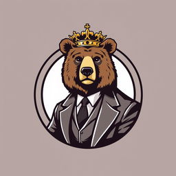 An adult bear wearing a suit and a crown, elegantly posed within a circular emblem