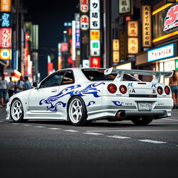 A powerful white Nissan Skyline R34 GTT four-door model, vividly featuring intricate blue tribal details that highlight its aggressive styling