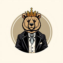 An adult bear wearing a suit and a crown, elegantly posed within a circular emblem