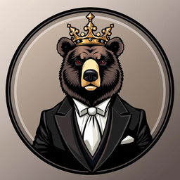 An adult bear wearing a suit and a crown, elegantly posed within a circular emblem