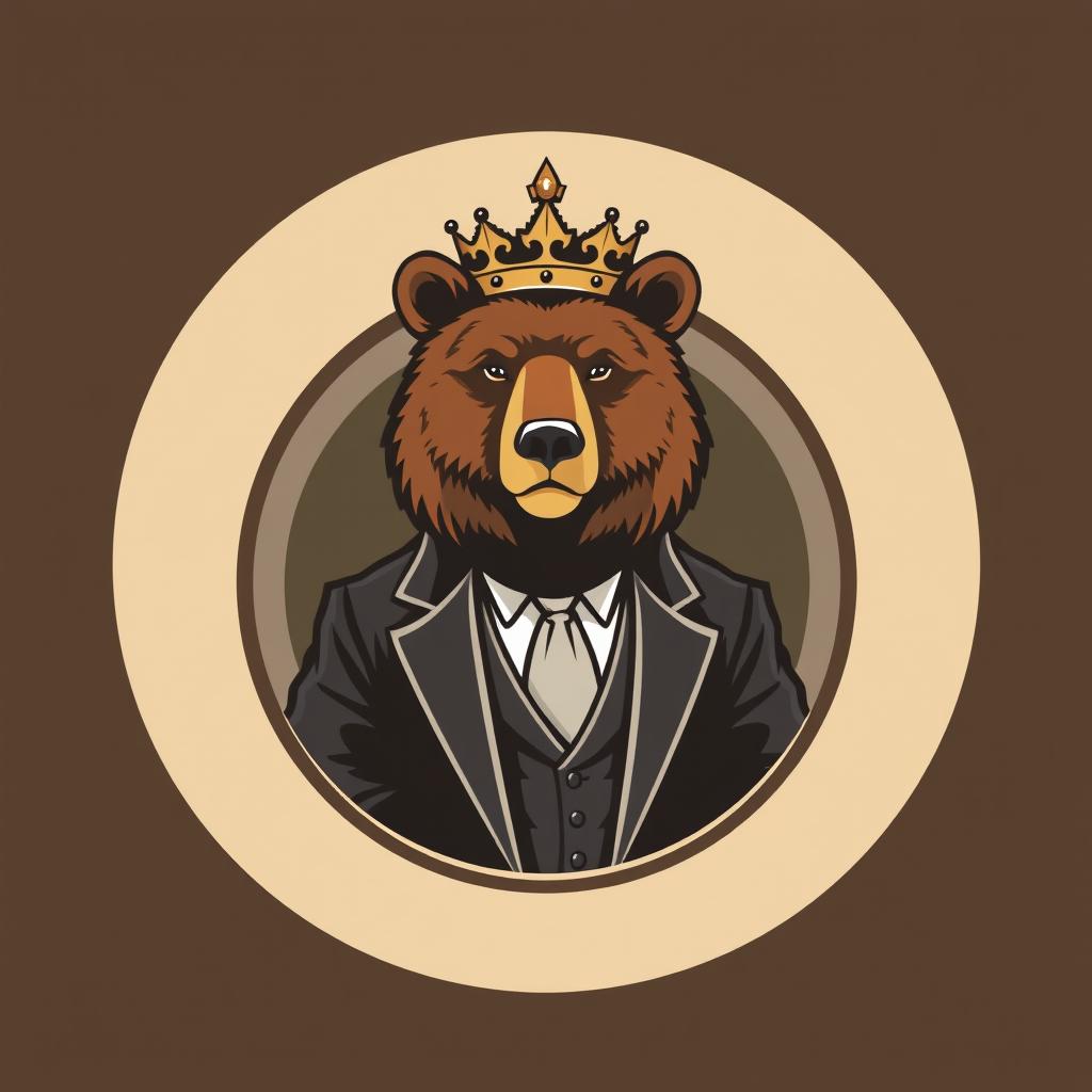 An adult bear wearing a suit and a crown, elegantly posed within a circular emblem