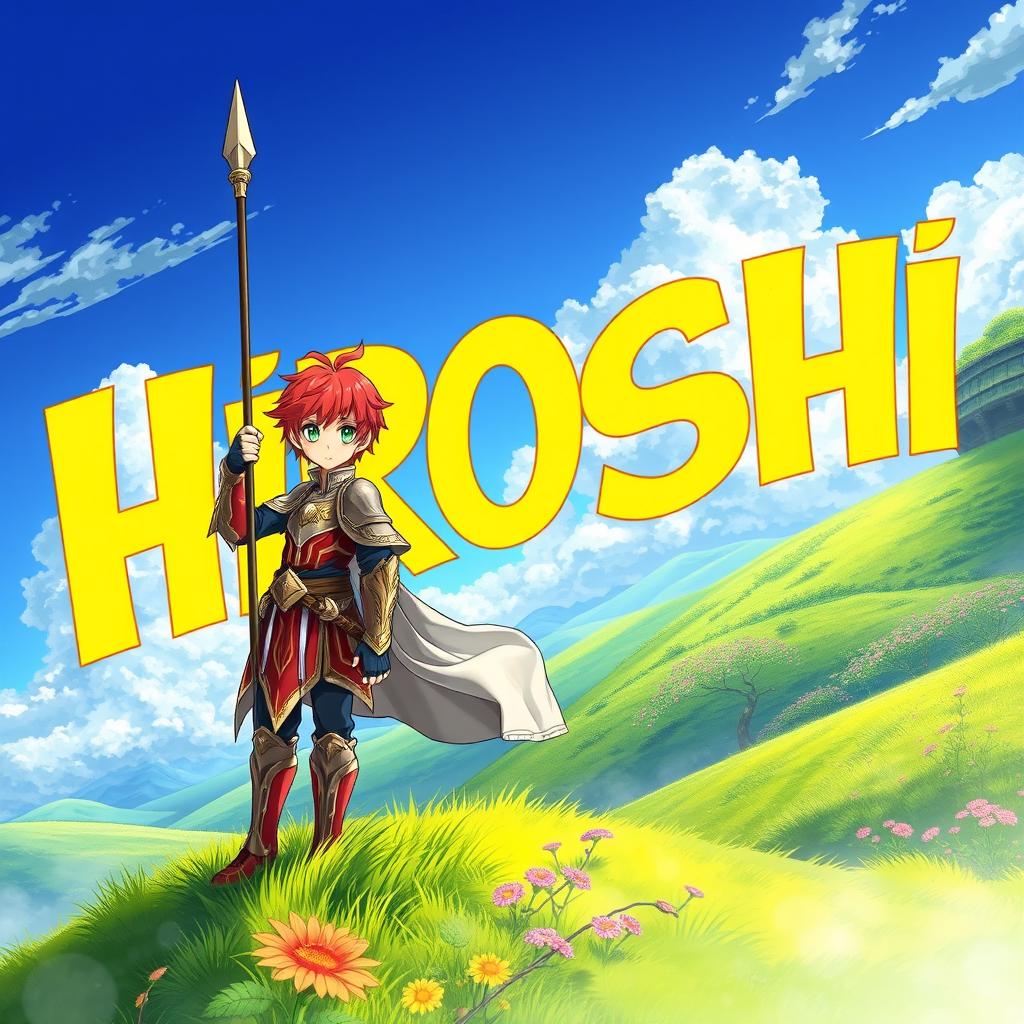 An eye-catching fantasy anime cover titled 'Hiroshi' in bold yellow letters, showcasing a 16-year-old young paladin with striking red hair and vibrant green eyes