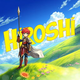 An eye-catching fantasy anime cover titled 'Hiroshi' in bold yellow letters, showcasing a 16-year-old young paladin with striking red hair and vibrant green eyes