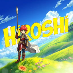 An eye-catching fantasy anime cover titled 'Hiroshi' in bold yellow letters, showcasing a 16-year-old young paladin with striking red hair and vibrant green eyes