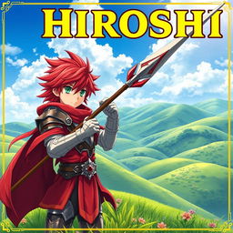 An eye-catching fantasy anime cover titled 'Hiroshi' in bold yellow letters, showcasing a 16-year-old young paladin with striking red hair and vibrant green eyes