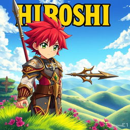 An eye-catching fantasy anime cover titled 'Hiroshi' in bold yellow letters, showcasing a 16-year-old young paladin with striking red hair and vibrant green eyes