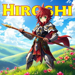 An eye-catching fantasy anime cover titled 'Hiroshi' in bold yellow letters, showcasing a 16-year-old young paladin with striking red hair and vibrant green eyes