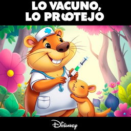 A vibrant Disney Pixar-style poster featuring a cheerful, anthropomorphic capybara dressed as a nurse