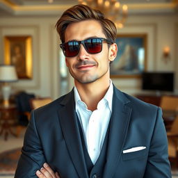 A rich, elegant man dressed in a sharp office outfit, featuring a tailored suit and a crisp dress shirt