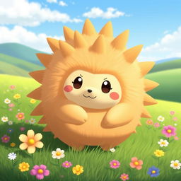 A Normal-type echidna Pokémon design, featuring a small and cuddly creature with a round body covered in soft, textured fur that is a warm, sandy color