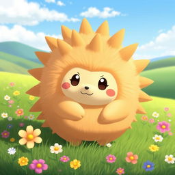 A Normal-type echidna Pokémon design, featuring a small and cuddly creature with a round body covered in soft, textured fur that is a warm, sandy color