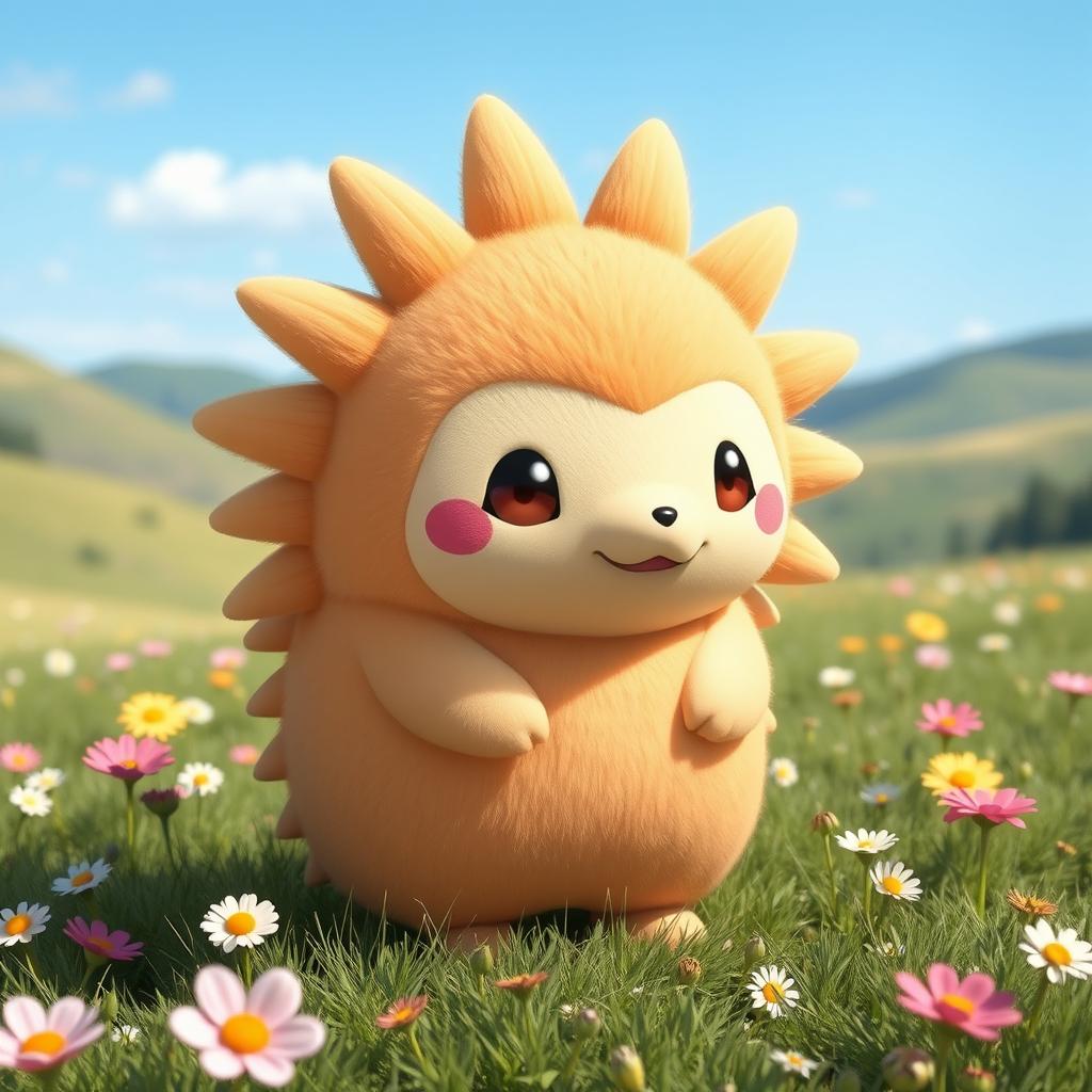 A Normal-type echidna Pokémon design, featuring a small and cuddly creature with a round body covered in soft, textured fur that is a warm, sandy color