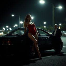 At night, a striking scene unfolds featuring a woman in a bold red lingerie one-piece, leaning gracefully against a small car in a dimly lit parking lot