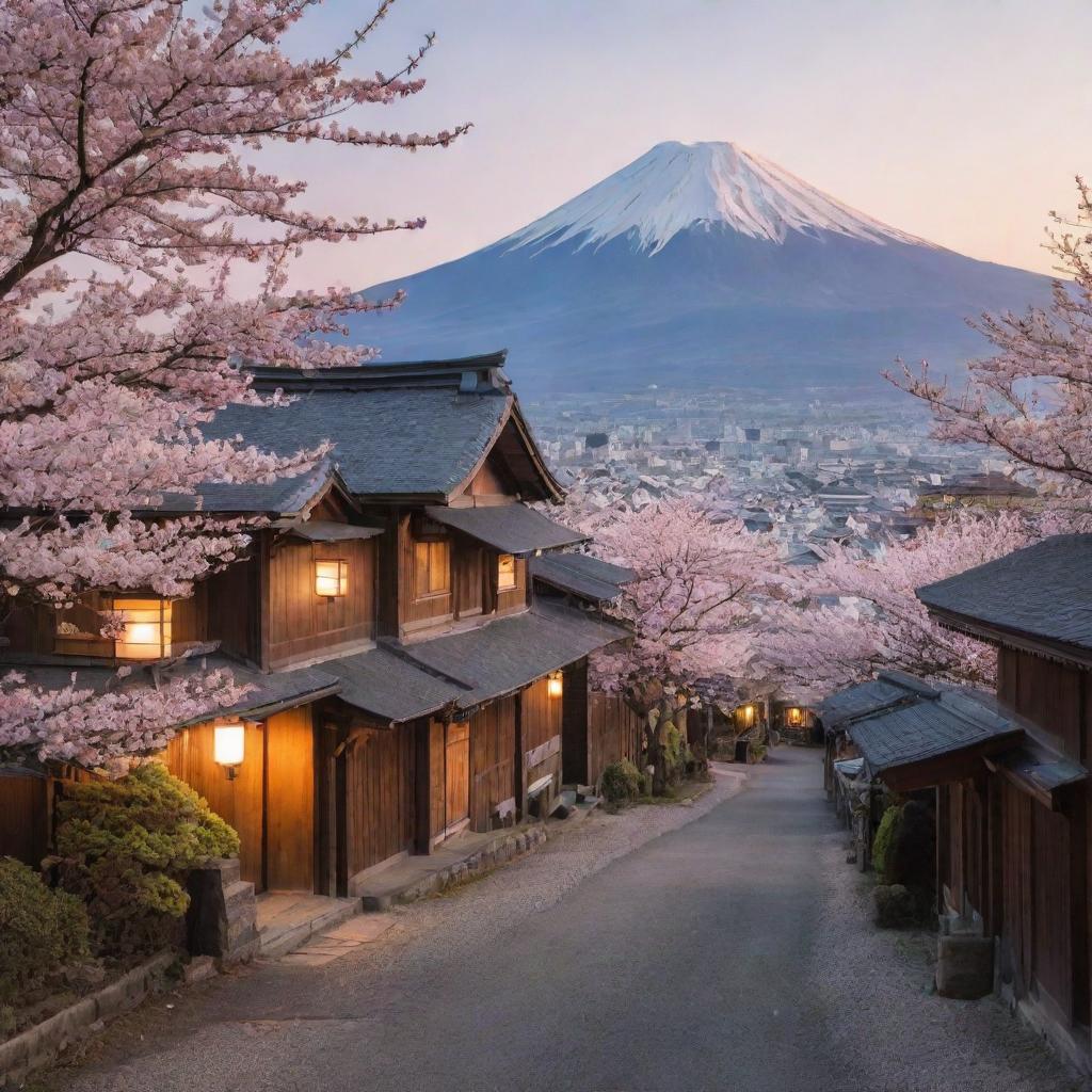 An old, traditional Japanese neighborhood with lantern-lit wooden houses, vibrant cherry blossom trees, and Mount Fuji in the backdrop during sunset.