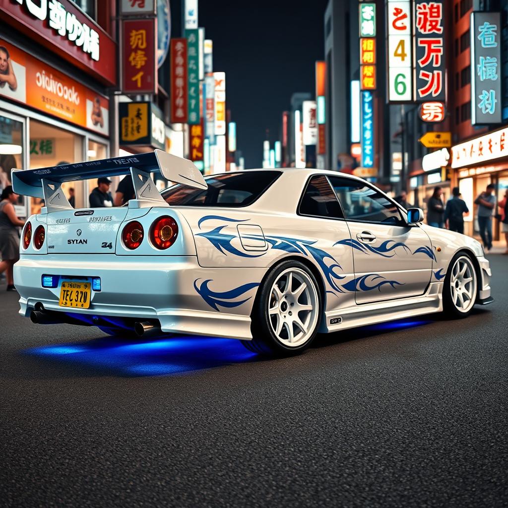 A stunning white Nissan Skyline R34 GTT four-door model, enhanced with intricate blue tribal details that add to its sporty allure