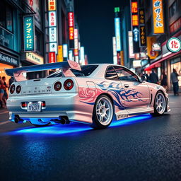 A stunning white Nissan Skyline R34 GTT four-door model, enhanced with intricate blue tribal details that add to its sporty allure