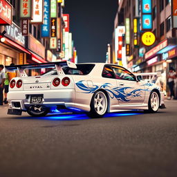 A stunning white Nissan Skyline R34 GTT four-door model, enhanced with intricate blue tribal details that add to its sporty allure