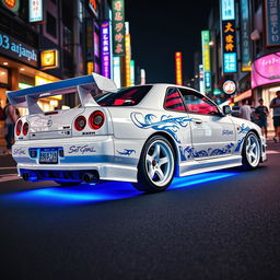 A stunning white Nissan Skyline R34 GTT four-door model, enhanced with intricate blue tribal details that add to its sporty allure