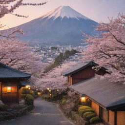 An old, traditional Japanese neighborhood with lantern-lit wooden houses, vibrant cherry blossom trees, and Mount Fuji in the backdrop during sunset.