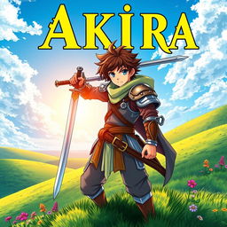 An eye-catching fantasy anime cover titled 'Akira' in bold yellow letters, featuring a 16-year-old young warrior with chestnut brown hair and striking blue eyes