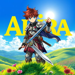 An eye-catching fantasy anime cover titled 'Akira' in bold yellow letters, featuring a 16-year-old young warrior with chestnut brown hair and striking blue eyes