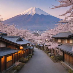 An old, traditional Japanese neighborhood with lantern-lit wooden houses, vibrant cherry blossom trees, and Mount Fuji in the backdrop during sunset.