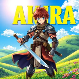 An eye-catching fantasy anime cover titled 'Akira' in bold yellow letters, featuring a 16-year-old young warrior with chestnut brown hair and striking blue eyes