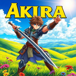 An eye-catching fantasy anime cover titled 'Akira' in bold yellow letters, featuring a 16-year-old young warrior with chestnut brown hair and striking blue eyes