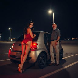 A captivating night scene featuring a woman in a daring red lingerie one-piece, confidently leaning against a compact car in a deserted parking lot