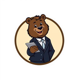 A logo featuring a mature bear in a stylish suit, confidently holding a tablet