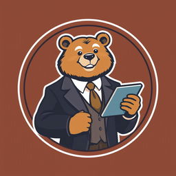 A logo featuring a mature bear in a stylish suit, confidently holding a tablet