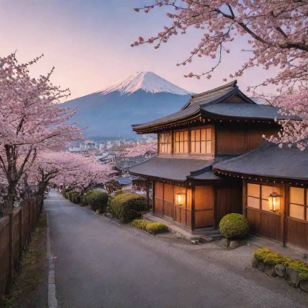 An old, traditional Japanese neighborhood with lantern-lit wooden houses, vibrant cherry blossom trees, and Mount Fuji in the backdrop during sunset.