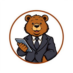 A logo featuring a mature bear in a stylish suit, confidently holding a tablet