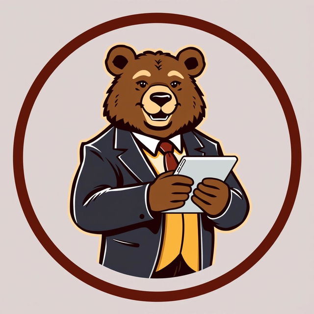 A logo featuring a mature bear in a stylish suit, confidently holding a tablet